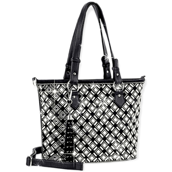 Handbags - Elegant Classy Black Rhinestone Bling Double Handle Vegan leather Handbag